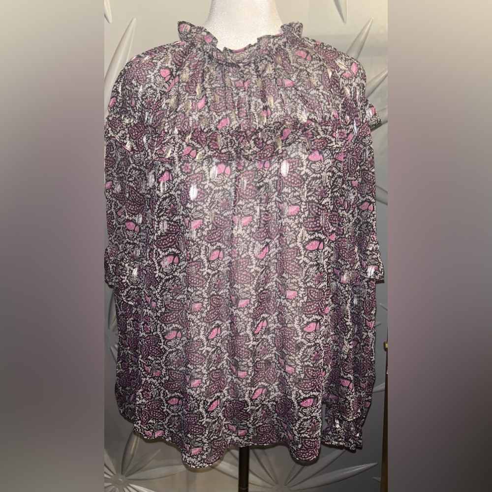 EUC INC SZ M black/pink/gray/silver metallic sheer top w/ruffles/bust 24” - Picture 5 of 8